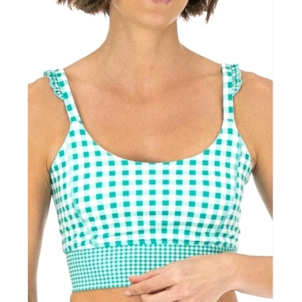 NANETTE LEPOREGingham Mix Crop Activewear Bra In VividGreen Checkered Cottage